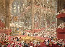 A colour drawing of George IV seated on a raised platform in the middle of the abbey, with a huge crowd of people in attendance.