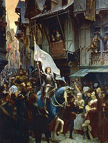 Joan of Arc on horseback with armor and holding banner being greeted by the people of Orléans.