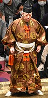 Sumo referee Kimura Shōtarō with a Pokémon-inspired kimono in January 2022