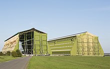 A photograph of two aircraft hangars at RAF Cardington, England
