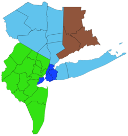 A color coordinated map of the 31 counties from New York, New Jersey, and Connecticut that are under the purview of the Regional Plan Association