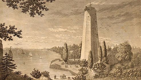A shot tower at 53rd Street in Manhattan on the East River (1831)