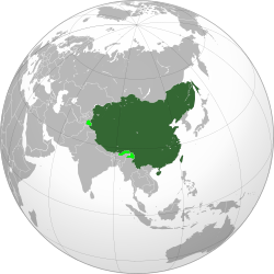 The Qing dynasty at its greatest extent in 1760, with modern borders shown. Claimed territory that was not under its control is shown in light green.