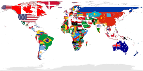 A map showing the flags of the world, in equirectangular projection. The countries shown are the members of the United Nations