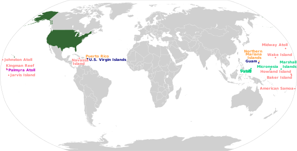 A world map highlighting the several island claims of the United States
