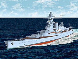 A 3-D model of a Dunkerque-class battleship rendered with flat shading