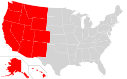 This map reflects the Western United States as defined by the Census Bureau. This region is divided into Mountain and Pacific areas.[1]