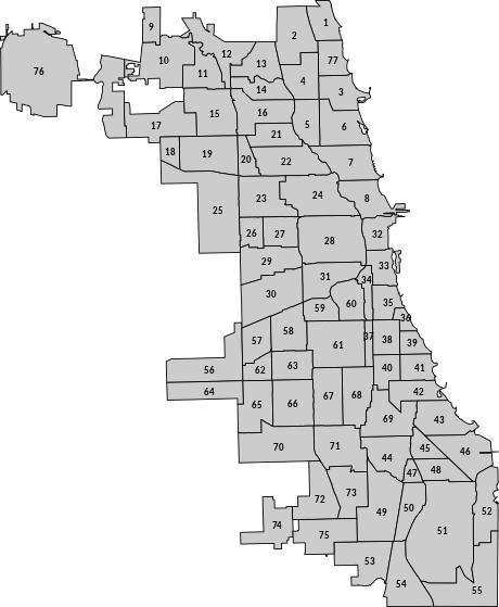 A list of the 77 Chicago community areas by number; the names are provided in the "List of community areas" section below. The areas are generally numbered from north to south, although the last two are in the north due to historical contingencies.