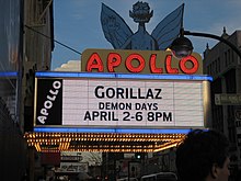 The theater's marquee seen in 2006. The Gorillaz and Demon Days are advertised on the marquee.