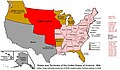 Territorju Indjan (enfasizzat bl-aħmar) fl-1834; Kapitali: Fort Gibson (de facto), Tahlequah (Cherokee), Tuskahoma (Choctaw), Tishomingo (Chickasaw), Okmulgee (Creek), Wewoka (Seminole), Pawhuska (Osage).