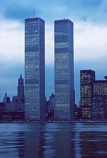 World Trade Center exterior. Twilight view from harbor, 1976
