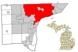 Map of Wayne County highlighting City of Detroit (County seat) in red.
