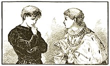 A drawing of two young males. One is dressed in black, the other in royal garments.
