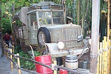 A photograph of a 1930s-era Mercedes-Benz truck used in the film on display at Disneyland in California