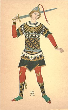 Colored design depicting a warrior wielding a sword