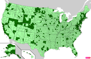 Counties in the United States by median nonfamily household income according to the U.S. Census Bureau American Community Survey 2013–2017 5-Year Estimates.[238] Counties with median nonfamily household incomes higher than the United States as a whole are in full green.