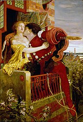 A painting of Romeo and Juliet kissing on the balcony