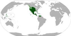 Anachronistic map showing all territories that were ever part of the Viceroyalty of New Spain (dark green). The areas in light green were territories claimed but not controlled by New Spain.