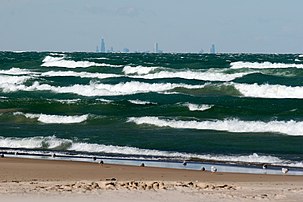 Lake Michigan and the Chicago skyline from Portage, Indiana