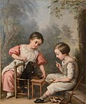 Children being entertained by a dog (19th century painting)
