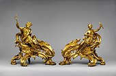 Pair of French Rococo firedogs (chenets); c. 1750; gilt bronze; dimensions of the first: 52.7 x 48.3 x 26.7 cm, of the second: 45.1 x 49.1 x 24.8 cm; Metropolitan Museum of Art