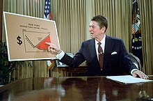 A photograph of President Ronald Reagan presenting tax reduction legislation