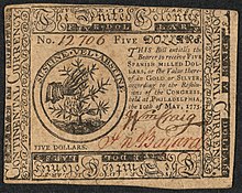 A five-dollar banknote issued by the Second Continental Congress in 1775.