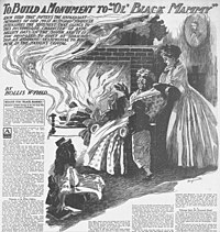 Newspaper page with illustrated domestic scene of a Black servant seated in front of a fireplace surrounded by a White mother and children