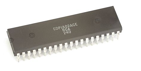 RCA 1802, sometimes known as the COSMAC, an 8-bit CMOS microprocessor from 1976.