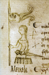 Joan in dress facing left in profile, holding banner in her right hand and sheathed sword in her left.
