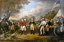 A painting of British general John Burgoyne and his men surrendering at Saratoga, 1777