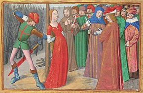 Joan in red dress being bound to a stake as a group of men look on