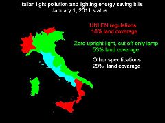 The majority of Italian regions require "zero upward light", which usually implies the use of overall full cut-off lamps for new luminaires, but violations are common.