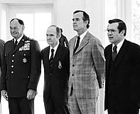 Secretary of Defense Donald Rumsfeld with Chairman of The Joint Chiefs of Staff General George S. Brown, National Security Advisor Lieutenant General Brent Scowcroft, and C.I.A. Director George H.W. Bush at The Oval Office, White House, March 11, 1976