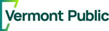 A tall four-sided incomplete outline, similar to the shape of Vermont, in a gradient of two shades of bright green. The outline is cut off on the right around the words "Vermont Public" in a sans serif in dark green.