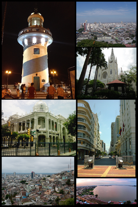 Top left: Lighthouse on Santa Ana Hill. Top upper right: Malecón Simón Bolívar (downtown area) from Santa Ana Hill. Top lower right: Guayaquil Metropolitan Cathedral. Middle left: Guayaquil City Office. Middle right: Ninth of October Avenue (Avenida Nueve de Octubre) seen from Malecón 2000. Bottom left: El Carmen Hills. Bottom right: Guayas River and Guayaquil National Unity Bridge (Puente Unidad Nacional).