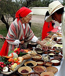 An older Native American woman talks behind a table of beans, grains, and other produce. She is demonstrating the different traditional Native American foods.