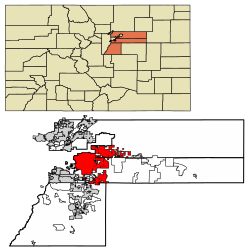 Location of the City of Aurora in Arapahoe (central), Adams (north), and Douglas (south) counties, Colorado