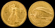 Saint-Gaudens double eagle, subject of public outcry in 1907 due to the lack of "In God we Trust" on the coin (it would later appear on the obverse side, the one with the eagle, close to the sun's rim).