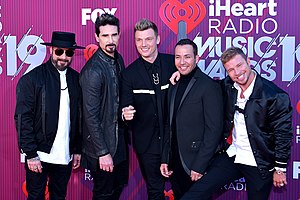 Backstreet Boys at the 2019 iHeartRadio Music Awards in Los Angeles, California. From left: AJ McLean, Kevin Richardson, Nick Carter, Howie Dorough, Brian Littrell.