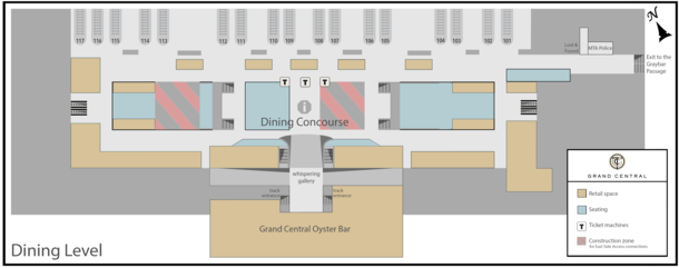 A diagram of the terminal's dining level rooms