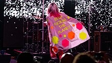 Harry viewed onstage from the back, wearing a pink coat that reads "STOP FUCKING THE PLANET" in yellow