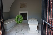 A picture of the two sarcophagi of George (at right) and Martha Washington at the present tomb at Mount Vernon