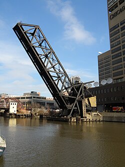 Photograph of the bridge lifted to an angle of about 60 degrees from horizontal