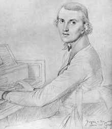 young man, clean shaven, in early 19th-century clothes, sitting at a piano keyboard and looking towards the viewer