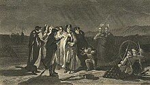 Night scene depicting Washington at center, standing among officers and Indians, around a lamp, holding a war council