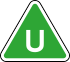 Green triangle with white U in the centre
