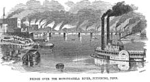 A historic 1857 scene of the Monongahela River in downtown Pittsburgh featuring a steamboat