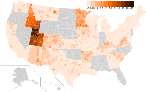 Results by county, shaded according to percentage of the vote for Evan McMullin