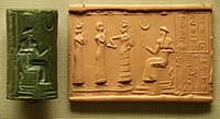 Sumerian cylinder seal and impression, dated c. 2100 BC, of Ḫašḫamer, ensi (governor) of Iškun-Sin c. 2100 BC. The seated figure is probably king Ur-Nammu, bestowing the governorship on Ḫašḫamer, who is led before him by Lamma (protective goddess).[316]